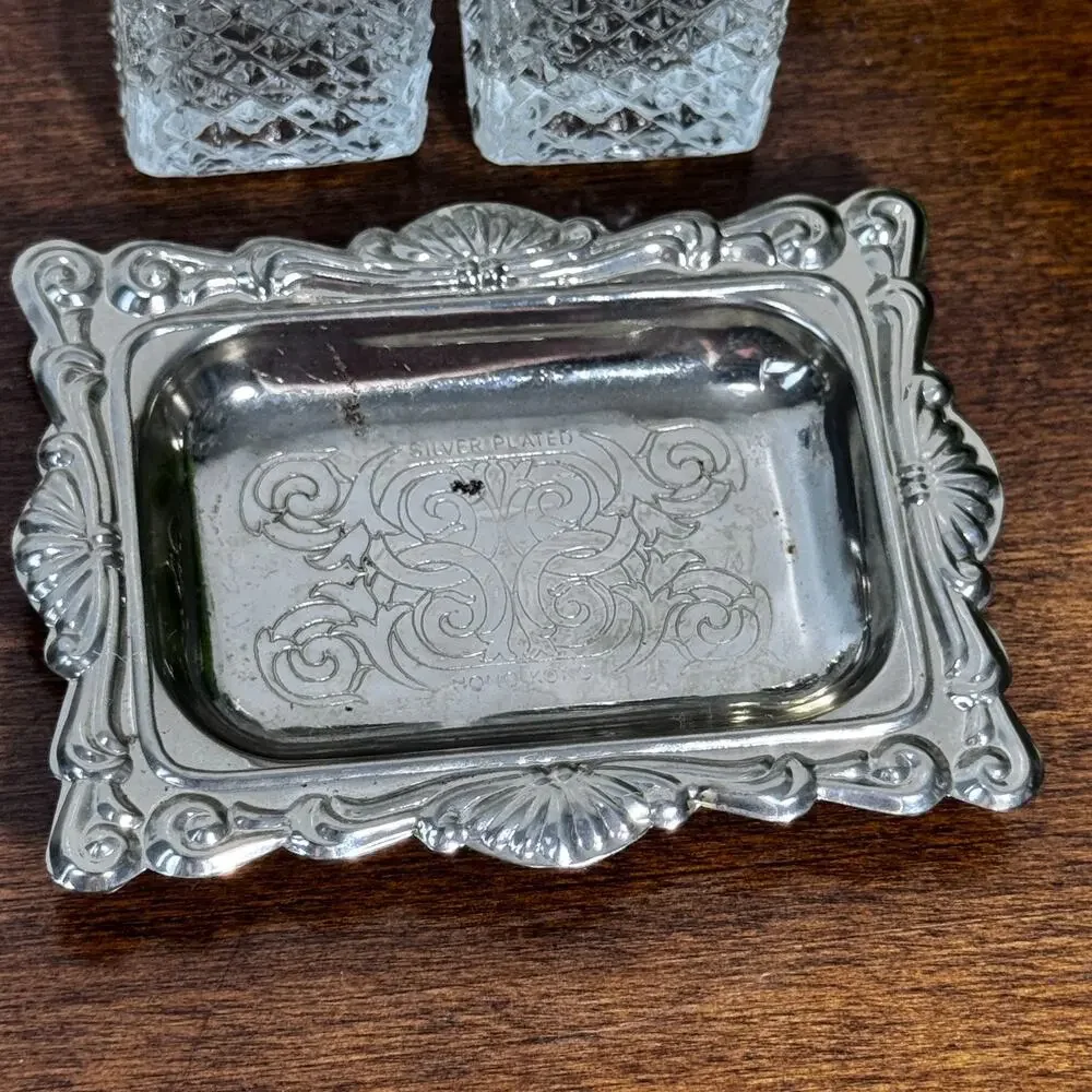 Vintage Mini Salt & Pepper Shakers Silver Plated Tray Clear Diamond Point Glass